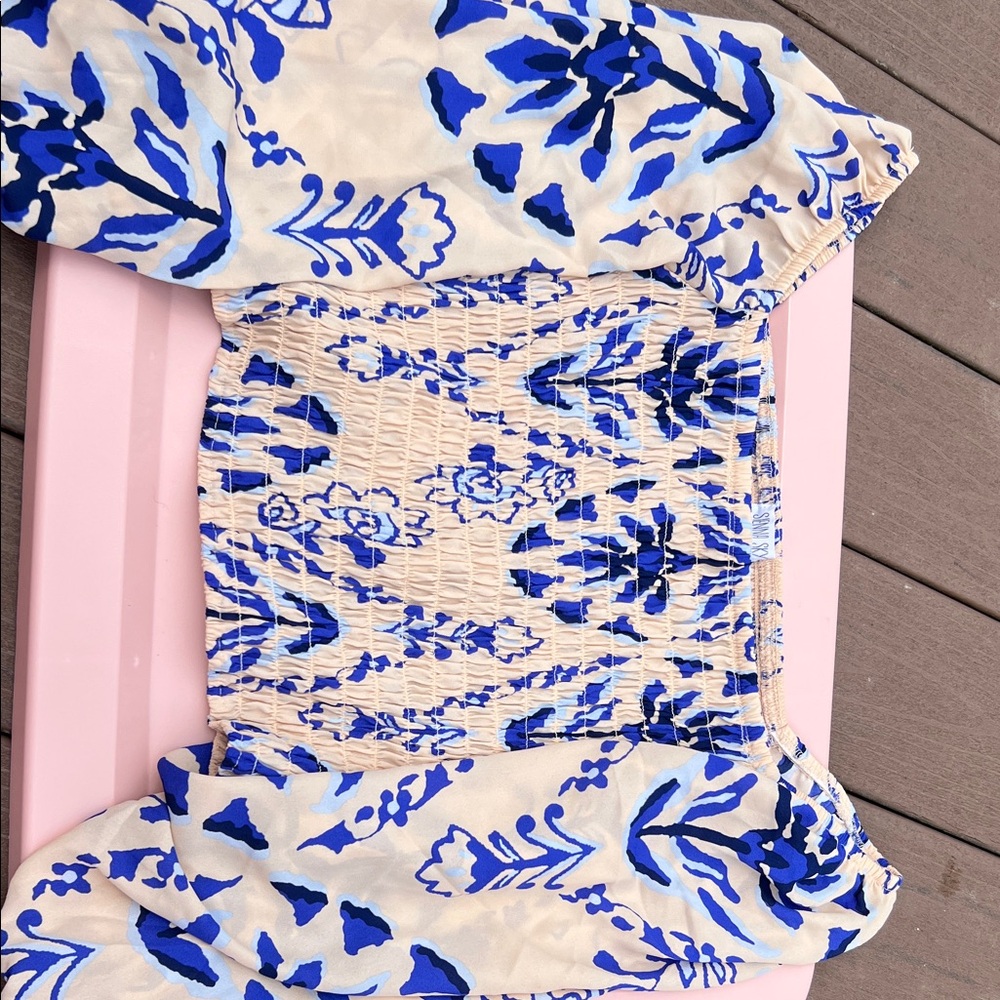 Blue and Cream Long Sleeve Crop Top